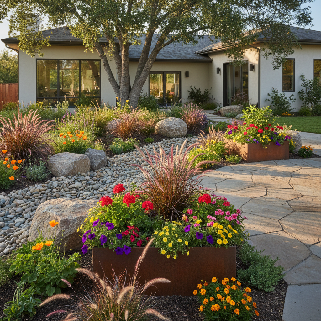 Completed backyard landscaping with native plants and patio